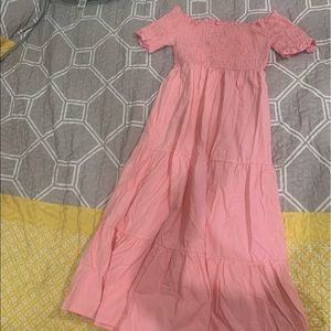 super cute pink maxi off the shoulder dress